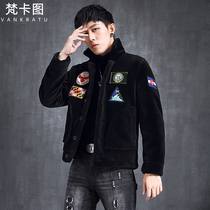 Tide brand label fur coat Male sheep shearing coat Short lamb velvet jacket Leather leather coat fur one thick