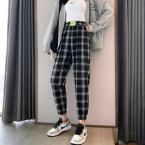 Black and white lattice pants womens spring and autumn high waist loose toe feet thin Haren pants subnet Red little hanging casual pants