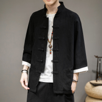 Chinese style mens Tang suit Chinese jacket retro style mens coat thin style collar Hanfu short sleeve Tide brand Youth