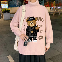 Mens turtleneck sweater autumn and winter bear print sweater coat Tide brand loose couple pullover sweater sweater