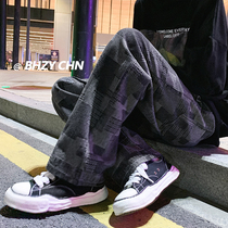 High Street denim trousers mens autumn loose plus velvet ins harbor wind wide leg pants autumn and winter Tide brand straight pants winter