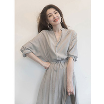 sandro bassa2021 early autumn new shirt chiffon dress Long Sleeve V collar waist slim long dress women