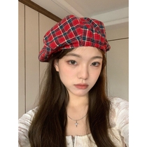 Original intern series Retro red plaid art student beret face-showing small cloud hat Wild painter hat