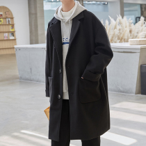 Black woolen coat mens 2022 autumn high street tide brand medium and long windbreaker coat loose ruffian handsome casual top