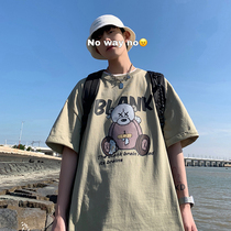 Bear print short-sleeved t-shirt mens ins Hong Kong fashion brand loose summer casual wild couple half-sleeve top clothes