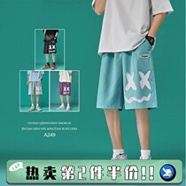 Shorts mens summer fashion brand ins smiley face printing large size five-point pants Port wind loose straight casual sports pants
