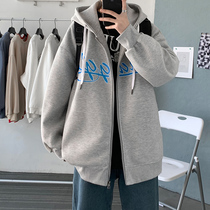 Spring new hooded sweater mens Korean version of the trend loose ins cardigan jacket zipper printing large size top clothes