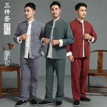 Linen retro Chinese style Tang costume mens youth Chinese style mens long sleeve jacket Hanfu suit ancient style mens living clothes