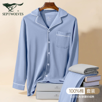 Seven Wolf Pajamas Men Cotton Spring and Autumn 2021 New Long Sleeve Summer Thin Mens Loungewear Cotton Set