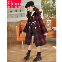 Girls woolen coat childrens woolen coat long plaid 2021 new middle and big girl foreign style autumn and winter