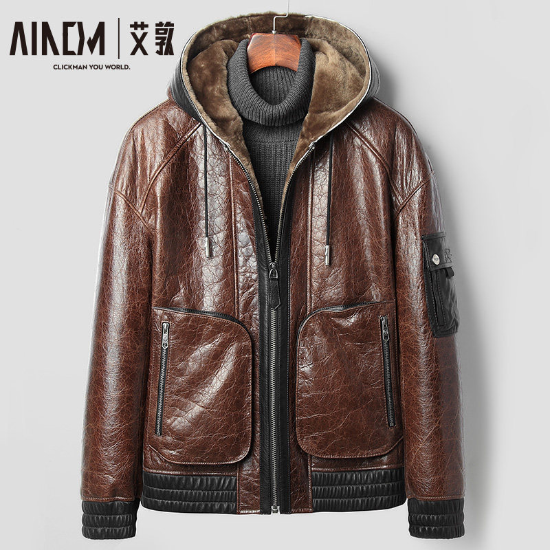 Original ecological fur one mens hooded short slim tide sheep oil wax leather jacket Leather leather mens jacket