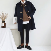 Woolen coat long mens woolen coat horn buckle Korean student trend autumn and winter lapel casual trench coat