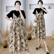Pregnant woman skirt Summer new temperament Long dress Skirt With Skirt Suit Pregnancy Advanced Summer Mounted V Collar Dress Skirt