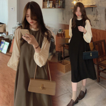 Pregnant women dress autumn dress 2021 fashion Korean version of stitching over knee clothes long style Foreign color Net autumn dress