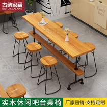 Small bar table against the wall Commercial bar Industrial Feng Shui pipe table Solid wood milk tea shop coffee long high-legged table and chair