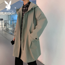 Playboy long trench coat mens autumn New loose casual hooded coat Hong Kong style trend student jacket