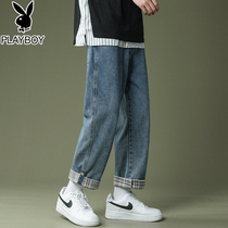 Flower Playboy jeans Mens boomer summer thin section 2022 new loose straight drum wide leg long pants trendy