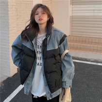 Cotton-padded clothing female design sense niche retro Hong Kong style cotton coat 2021 new winter thick denim stitching cotton-padded jacket