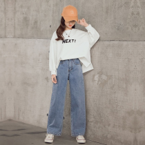 Girls jeans spring and autumn wide leg pants straight tube 2021 new autumn Korean version of loose casual big girl childrens trousers 14