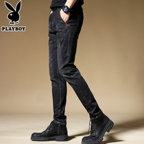 Playboy spring and autumn winter jeans mens loose plus velvet padded slim slim figure small feet casual pants trousers