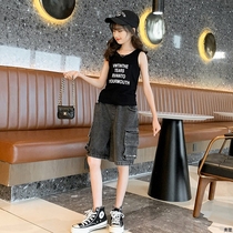 Womens big childrens sleeveless t-shirt summer thin outer wear fashion 9-year-old short black personality 2021 summer girls vest
