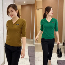 Pure cotton T-shirt V collar middle sleeve T-shirt woman 2021 spring and autumn summer black 50% sleeves knit blouse for undershirt woman