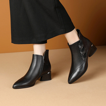 2021 Autumn Winter Womens Boots New Genuine Leather Single Boots Woman with coarse heel short boots 100 lapped water to drill shoes and ankles