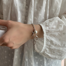 Korean version S925 silver temperament pearl geometric hollow bracelet female retro fashion cross stitching bracelet hand jewelry