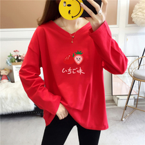 Cotton long sleeve T-shirt female spring and autumn loose lazy foreign air big size thin Joker wear base shirt V neck coat women