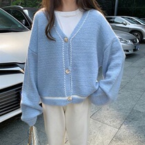 Blue gentle wind-knit cardiovert cardiovert 2021 autumn winter new loose outside wearing a sweet and lazy sweater jacket