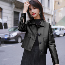 2021 Spring and Autumn New Leather Leather Women Sheepskin Button Short Lapel Slim Locomotive Casual Jacket Jacket