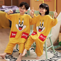 Conjoined Children Sleepwear Spring Autumn Pure Cotton Boy Long Sleeve Female Large Child Loose Cartoon Air Conditioning Suit Sleeping Bag Anti Kick Quilt