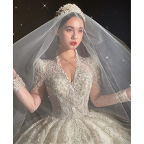 Main wedding dress 2021 New temperament advanced sense luxury heavy industry high end long trailing court V collar long sleeve arm