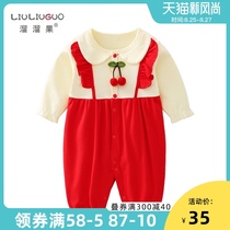  Female baby red one-piece spring and autumn pure cotton newborn clothes net red princess Western style long-sleeved 6 months 3 full moon