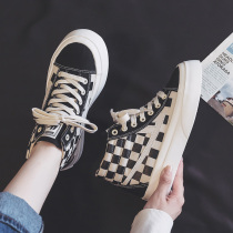 Huili womens shoes checkerboard canvas shoes high 2021 new spring and autumn Joker thick-soled shoes Big Head shoes