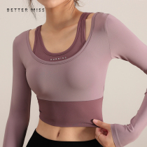 Professional yoga clothing womens autumn and winter fake two pieces with chest pad tight sleeve running quick-drying fitness suit sports shirt