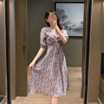 French first love dress 2021 summer new sweet temperament V collar waist purple small floral chiffon dress