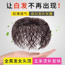 Wipe piece female head reissued white hair full real hair fluffy corn hot replacement piece middle-aged and elderly curly hair increase
