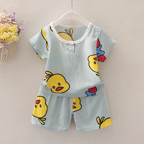 Summer childrens cotton silk pajama suit Boy and girl cotton cotton short sleeve home clothes Baby children air conditioning clothes thin section