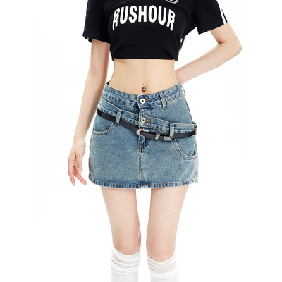 taobao agent Sexy denim retro mini-skirt, fitted pleated skirt, hip-accented, American style, A-line