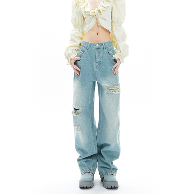 taobao agent APEA American high street light blue denim pants 2023 summer new retro hot girl loose straight pants J