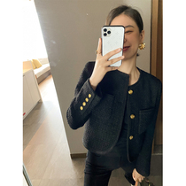 Small fragrant wind woolen jacket women 2021 new autumn black woven fragrant wind loose profile slim short suit jacket