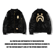 bape Japanese Tide Brand Black Gold Embroidered Plush Shark Splice Leather Sleeve Jacket Men and Women Loose Zip Jacket Tide