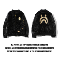 bape Japanese Tide Brand Black Gold Embroidered Plush Shark Splice Leather Sleeve Jacket Men and Women Loose Zip Jacket Tide