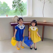 Girls Korean version of large lapel dress 2021 summer dress new female baby foreign flower skirt hipster skirt tide