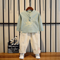Boys Hanfu Spring and Autumn Chinese style young mens clothing childrens ethnic style cotton and linen ancient mens baby Tang suit long sleeve