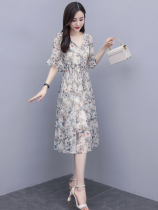  Floral chiffon dress summer 2021 new V-neck young mother womens high-end luxury mid-length skirt