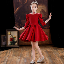 Girls Red Evening Dress Winter Children High-end Host Piano Performance Girls Birthday Princess Dress Autumn Winter