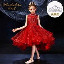 Childrens red high-end foreign model catwalk evening dress Princess dress girl host girl piano performance dress