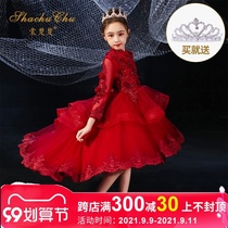 Red childrens high-end evening dress flower girl princess dress girl model catwalk piano dress birthday performance autumn